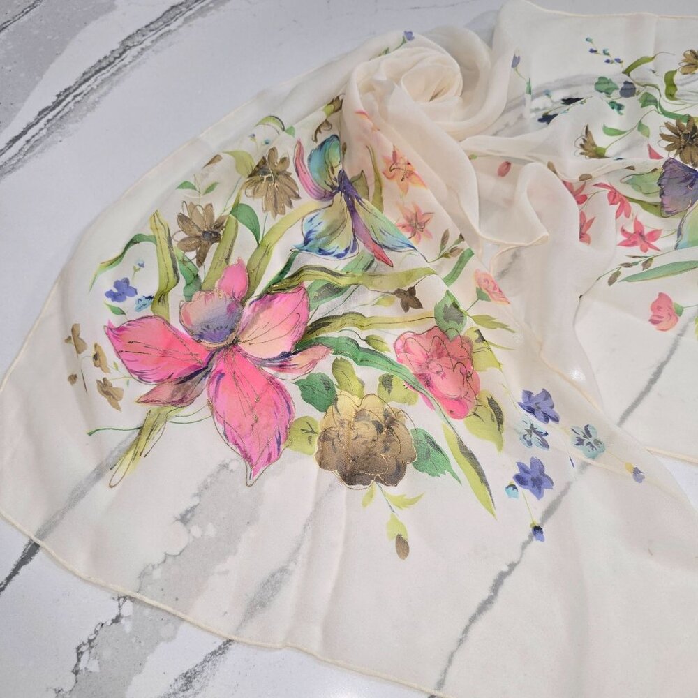 Vintage Floral Sheer Silk Scarf With Hand-Painted Orchid Design in Japan 16"x44"